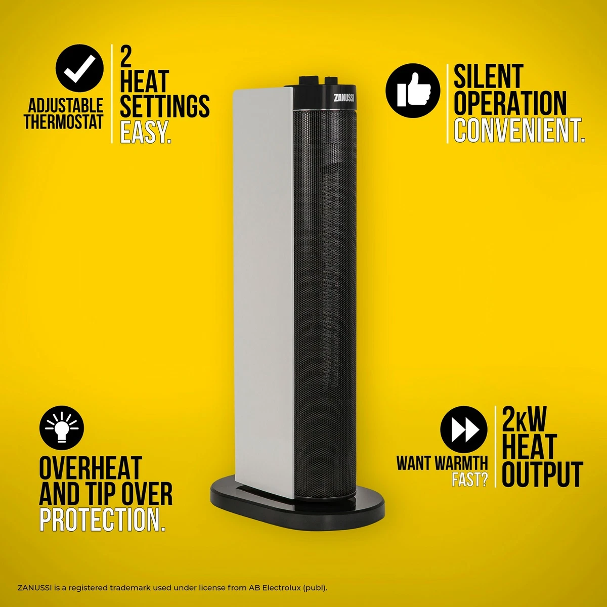 Zanussi ZTPTCH3001 2kW Silent PTC Tower Heater with 2 Heat Settings, Grade  A+ | eBay