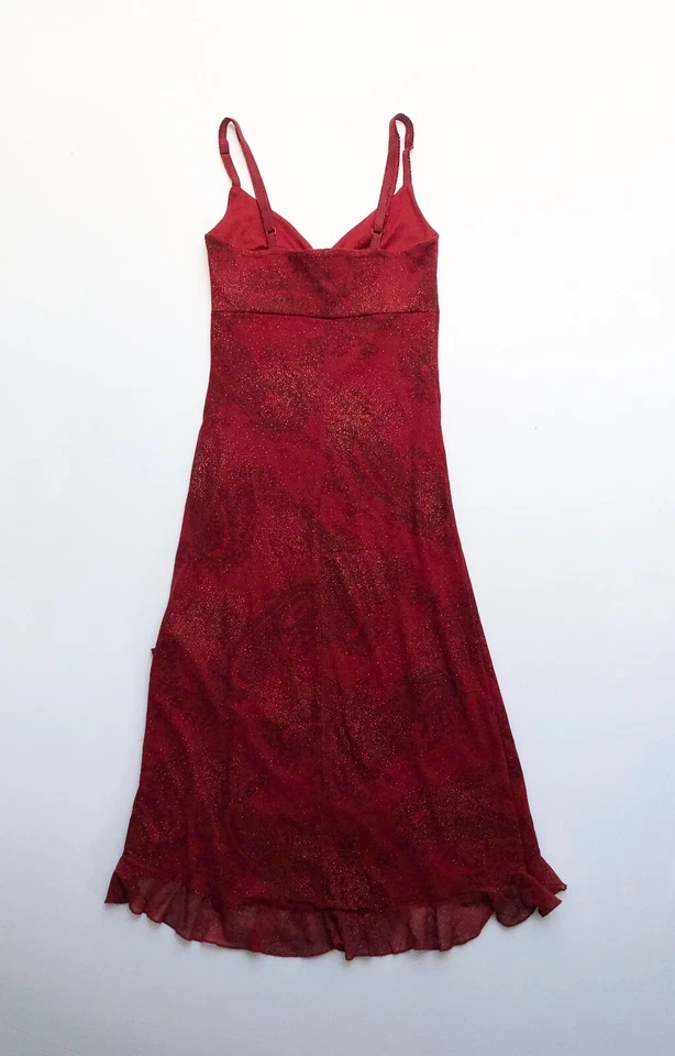 Y2K начале 2000-х Slinky чистый красный блестящий оборки спагетти ремень Кокетливое платье S - Изображение 2 из 4