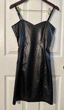 ADELE FADO Mini Abito Italiano Nero Ecopelle Corsetto Ritagliato S 42 Biker Elasticizzato