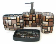4 PC BROWN+TAN+GREY/GRAY+BLACK SOAP DISPENSER+DISH+TOOTHBRUSH HOLDER+TUMBLER-NEW