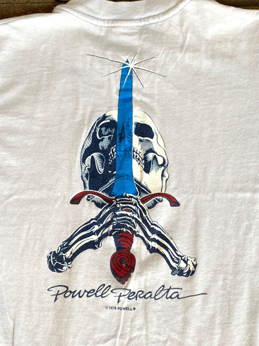 T-Shirt vintage Powell Peralta-1978-Skull Sword-S 34-36-Grigio-Hi Cru di Steadman - Foto 4 di 5