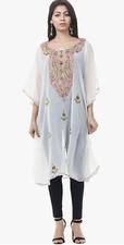 Womens Short Maxi Georgette White Kaftan Embroidered House Lounge Caftan L-41"