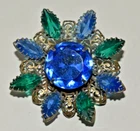Vintage Estate Costume Jewelry Blue Green Glass Rhinestone Brooch Pin
