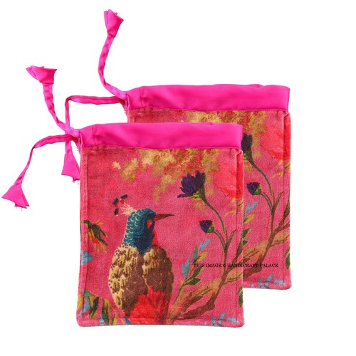 2 Bolsos de mano de terciopelo impresos a mano de pájaro rosa indio bolsos de boda joyería pequeños - Imagen 2 de 7