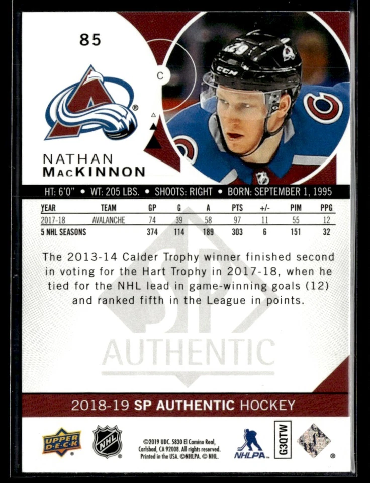 2018-19 SP Authentic Nathan MacKinnon #85 H8R2A - Image 2 of 2
