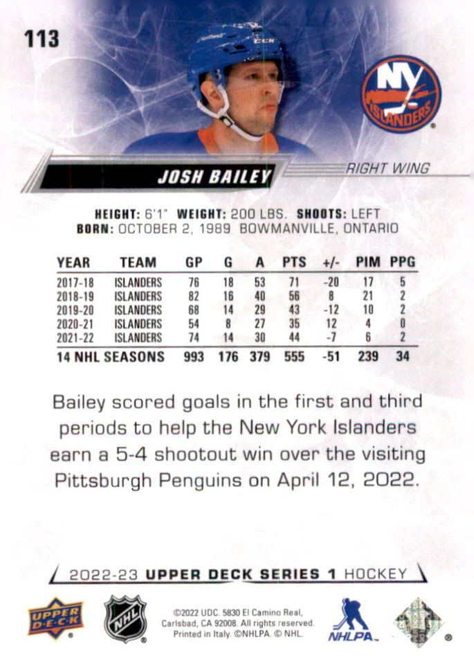 2022-23 Upper Deck #113 Josh Bailey - Image 2 of 2