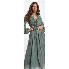 ASOS DESIGN Embellished Boho Midi Dress with Cut-Out Back - US 8 / UK 12