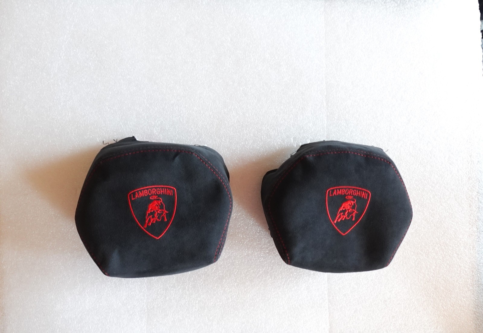 LAMBORGHINI AVENTADOR ALCANTARA RED STITCHING OEM LOGO HEADREST COVERS SET R & L