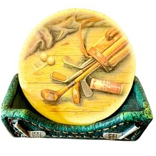 Vintage Stoneware Golf Coaster Set With Holder Classic Decor Collectible Gift
