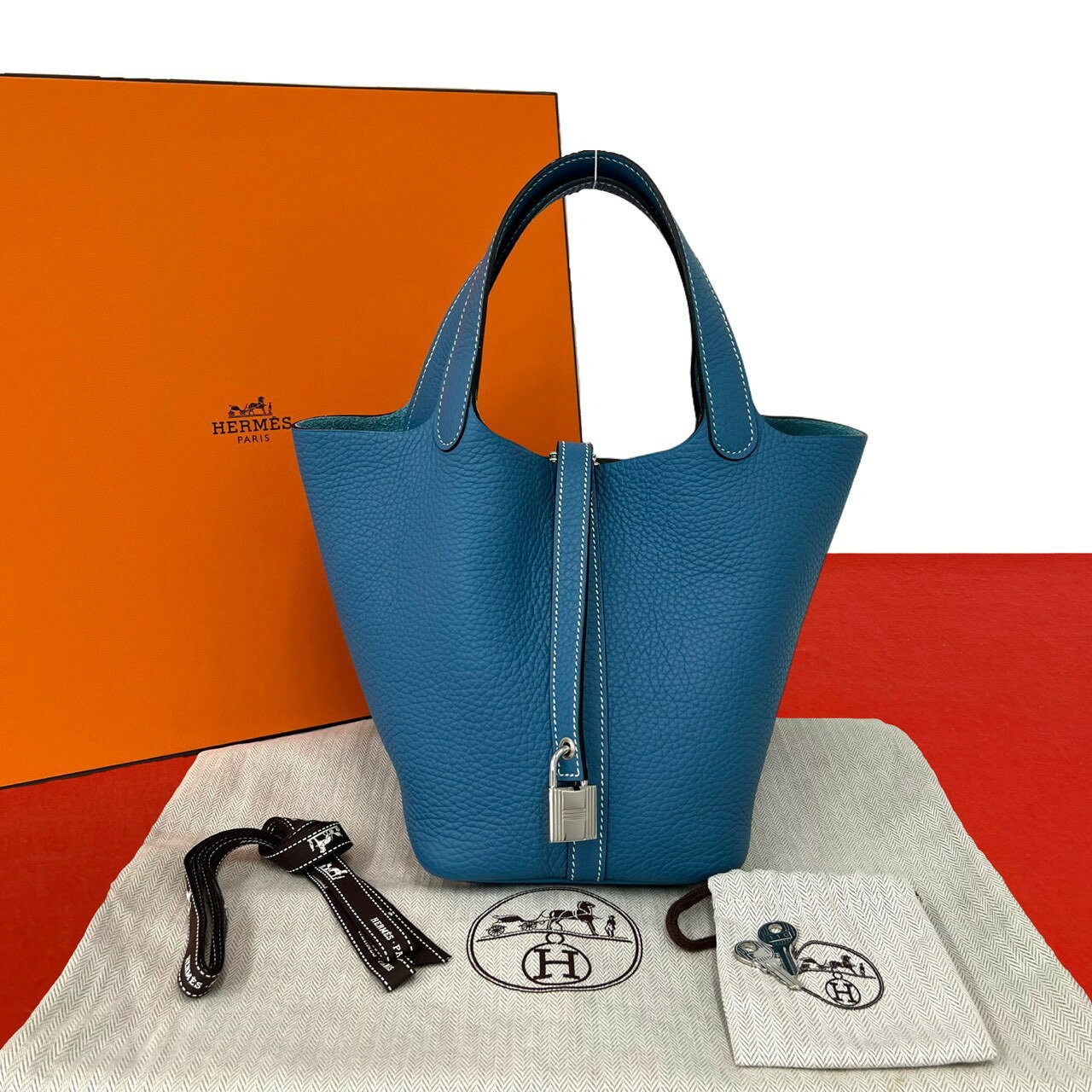 Hermes Picotin Lock PM Handbag Bucket Bag Taurillon Leather Blue Jean T Stamp 99