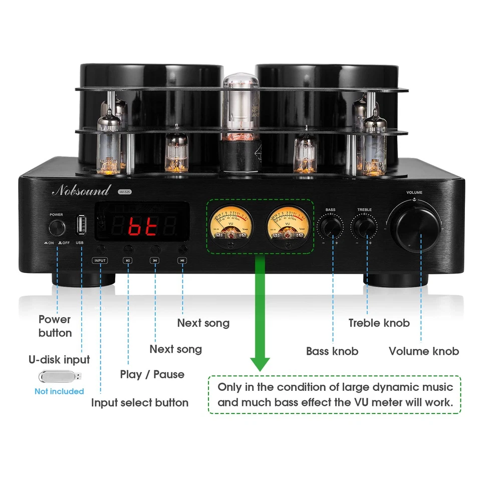 HiFi Bluetooth 5.0 Tube Power Amplifier Coax/Opt Integrated Audio Amp USB Player - Image 4 of 4