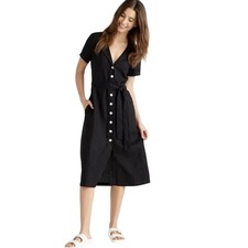 Quince Women's 100% Linen Tie Waist Collared Button-Front Midi Dress Black Sz L