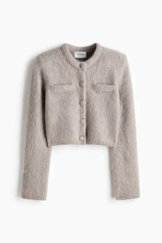 H&M Damen-Cardigan Mohair-Mischung hellgreige Schulterpolster Strick kurz neu mit Etikett - Bild 5 von 6