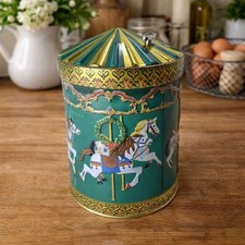 Green Embossed Carousel Horse Cookie Tin Music Box - Germany - 2008 - Works