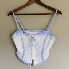 Altar'd State Brie Gingham and Lace Corset Top Womens M Blue and White Festival