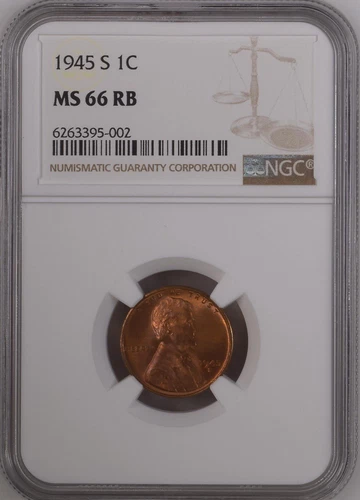 1945-S 1C RB Lincoln Wheat One Cent NGC MS66RB  6263395-002
