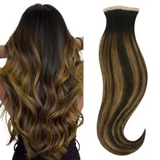 HOTBANANA Tape in Hair Extensions, 16 Inch 20pcs 50g Natural Black to Golden Bro