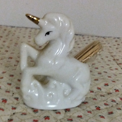 White Unicorn Figurine (toothpick holder) with Gold Horn & Tail, Made in Taiwan