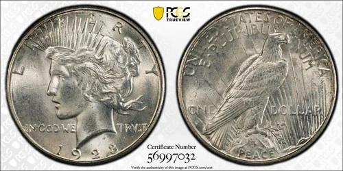 1928 S PEACE DOLLAR PCGS CHOICE MS 63 EXCELLENT GLOWING WHITE SILVER SATIN GREAT