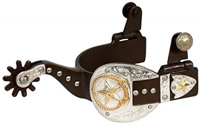 Showman Ladies Antique Brown Silver Buckle Tip/Keeper Spurs w/ Gold Star & Lasso