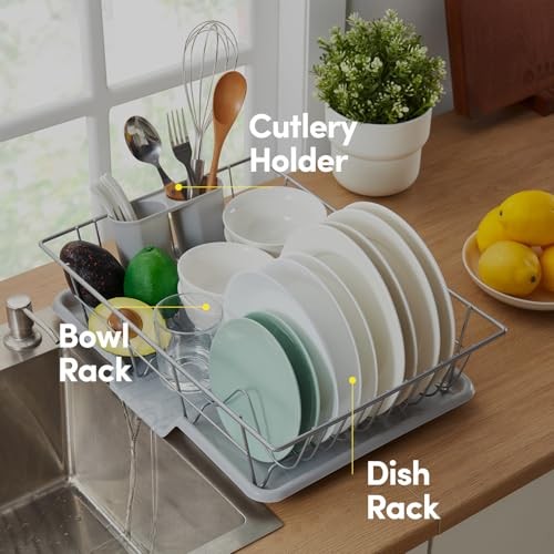 Space-Saving 3-Piece Dish Drainer Rack Set with Cutlery Holder - Silver