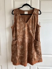 Umgee Rust Brown White Floral V-Neck Pocket Dress Relaxed Slouchy S Lagenlook