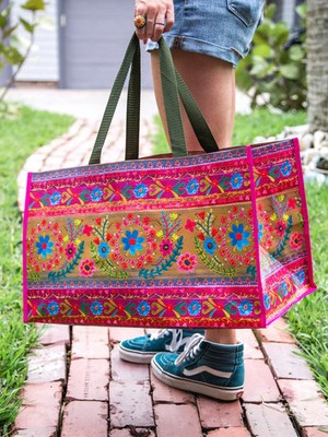 Natural Life Multi Color Polypropylene Carry All Happy Tote Bag Floral Border