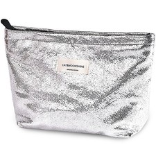 Makeup Bag Cosmetic bag Silver Preppy Canvas Toiletry Bag for women Cute zipp...
