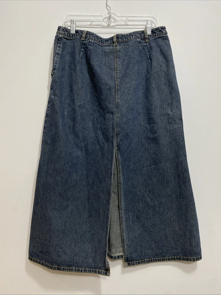 100% Cotton Ann Taylor Dark Denim Pencil Skirt Sz 14 Back Slit Thick Denim Midi - Image 2 of 4