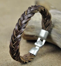 Mens Surfer Cool Braided Leather Wristband Bracelet Cuff Brown