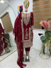 Maroon Color Pure Chinnon Silk Salwar Kameez With Dupatta For Traditional Wear