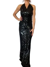 VINTAGE 90'S DONNA KARAN BLACK SEQUIN CASHMERE SILK HALTER GOWN EVENING DRESS M