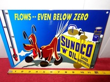 VINTAGE SUNOCO BLUE PLUTO BELOW ZERO 12" ENAMEL METAL GASOLINE & OIL SIGN DISNEY