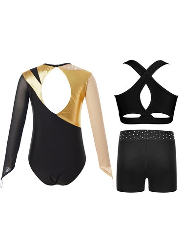 Kids Girls Dancewear Contrast Color Bodysuit Metallic Outfit Gym Dance Shiny - Picture 60 of 80