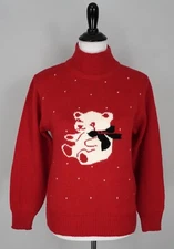 Vintage Crystal Sportswear Red White Bear Winter Angora Blend Sweater Size M