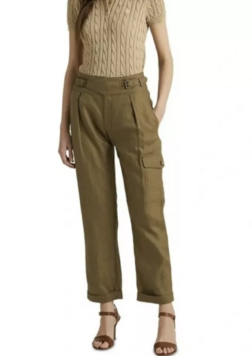 NWT Lauren Ralph Lauren Olive Green Military Linen Cargo Pants Gurkha Size 10