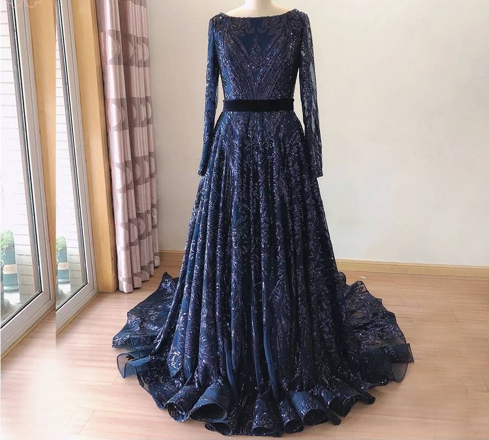 Dubai Luxury Muslim Wedding Dresses Long Sleeves Sequin Sparkle Formal Prom  Gown | eBay