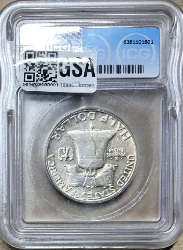 Mint Error 1963 D Franklin Half Dollar ICG MS63 obverse Lamination 90% Silver - Image 2 of 4