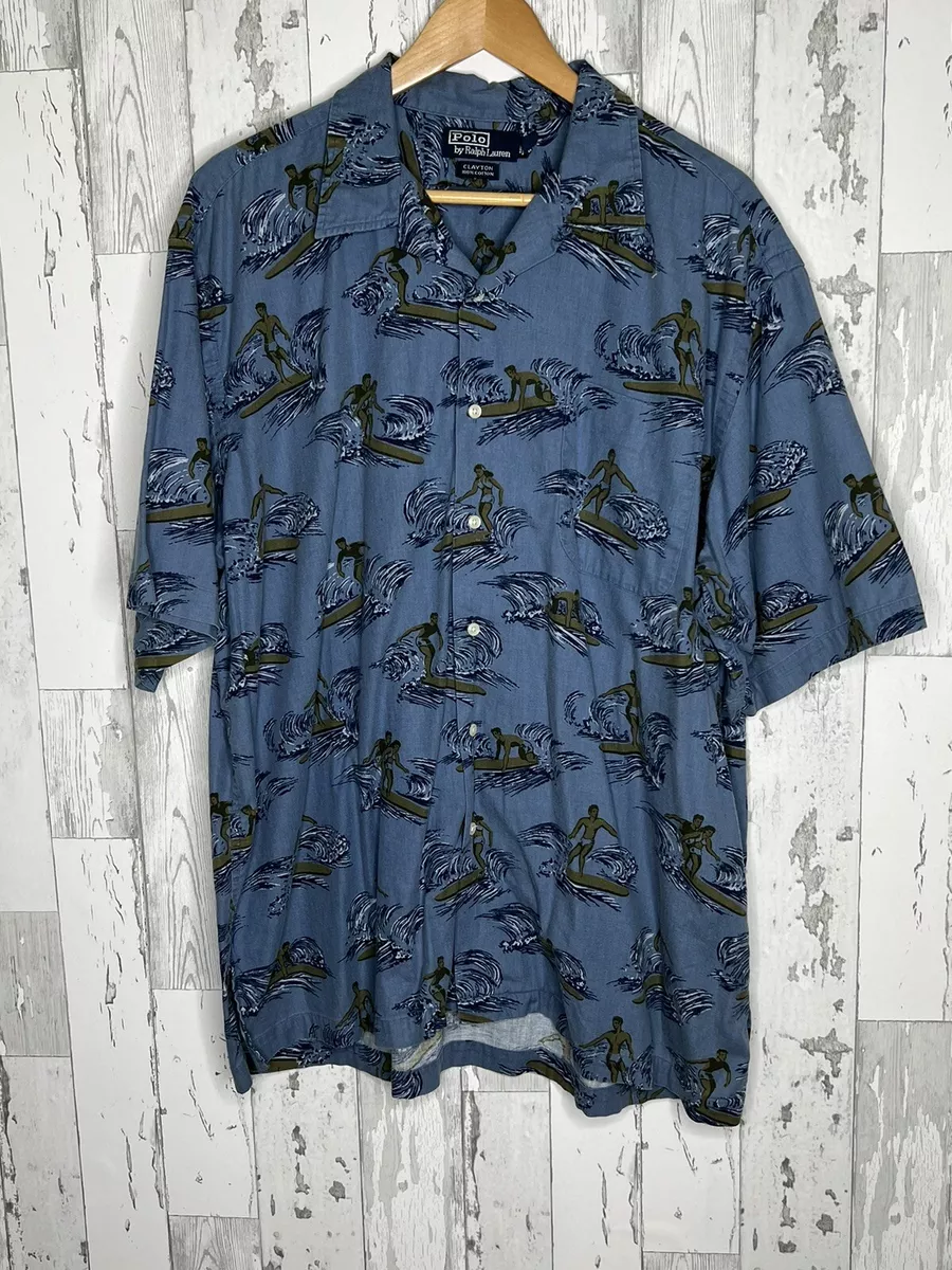 POLO RALPH LAUREN Vintage Clayton Camp Surfers Hawaiian Shirt XL Blue Rare EUC