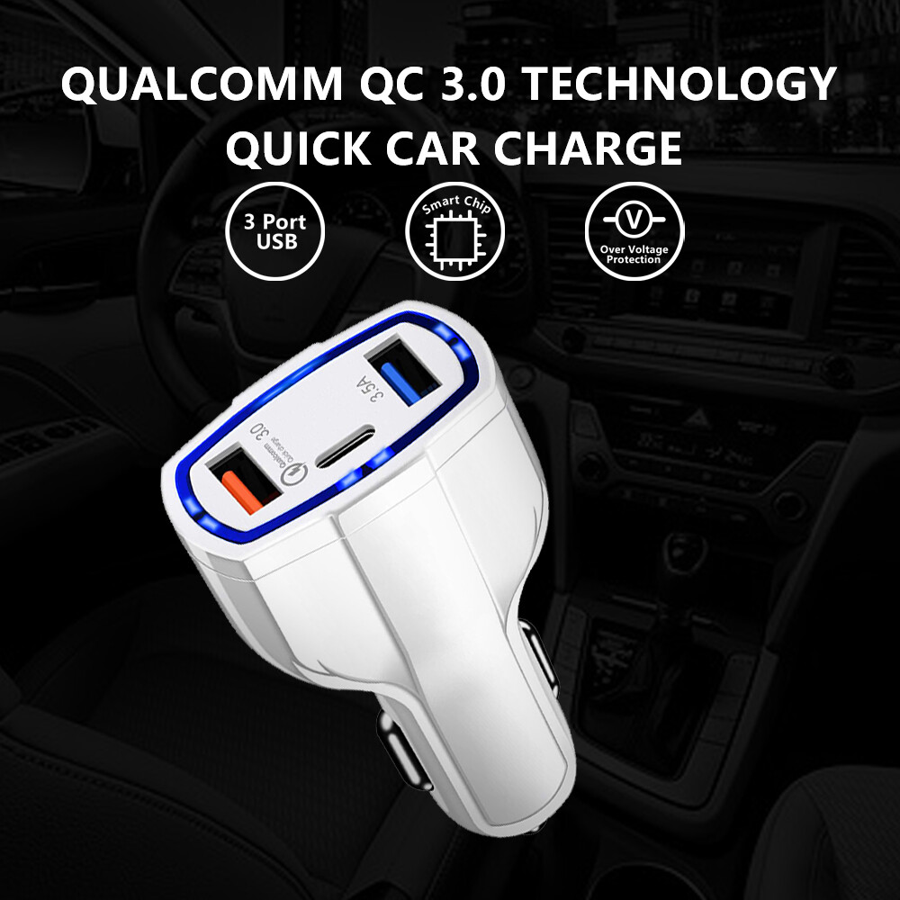 Caricabatterie Auto Veloce USB Qualcomm 35W – 3 Porte, 12-32V / 7A – Per IPhone, Samsung E Universal