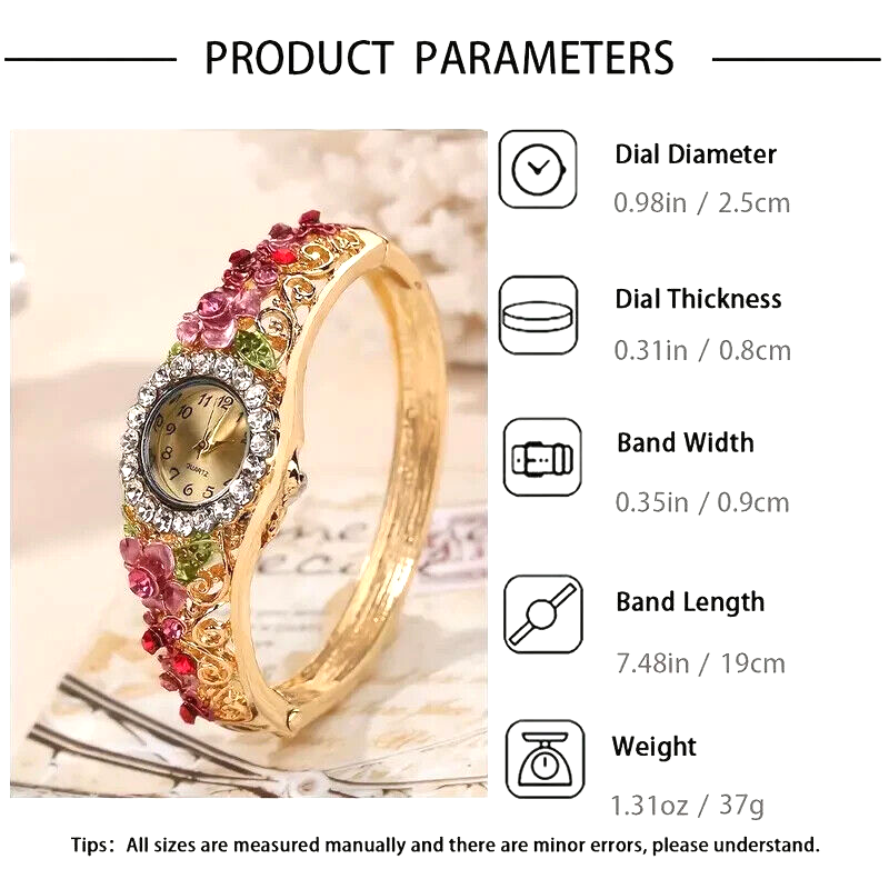 2Pc Women Vintage Baroque Watch Flower Quartz Bangle Wrist Watch