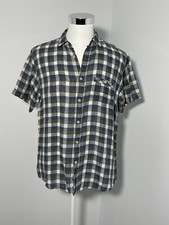 Marine Yachting Mens Blue  Brown Plaid Linen Blend Short Sleeve Shirt Size XL