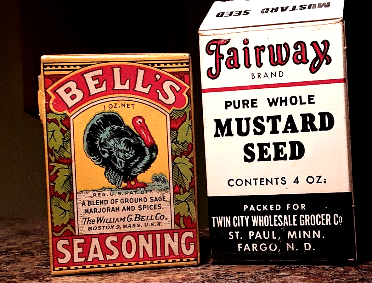 2 Vintage SPICE BOX LOT Bell's Turkey Seasoning Fairway Mustard Seed no