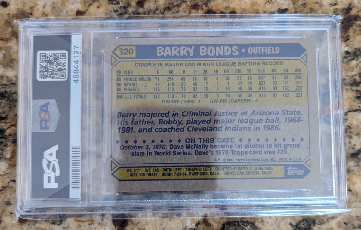 1987 Topps Barry Bonds #320 Rookie Card, PSA 8. ERROR Card 1987 Topps Barry Bonds #320 Rookie Card, PSA 8. ERROR Card