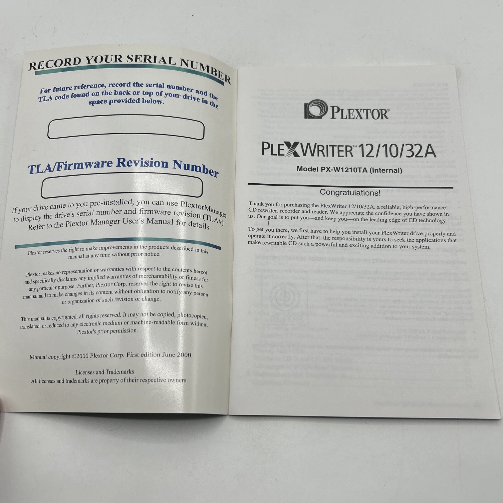 2000 Plextor PlexWriter 12/10/32A PX-W1210TA (Internal) Operations Manual