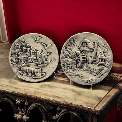 3D Wall Plates Vtg Water Mill Seaside Village Boat Dock 11.25'' B/W Lake House