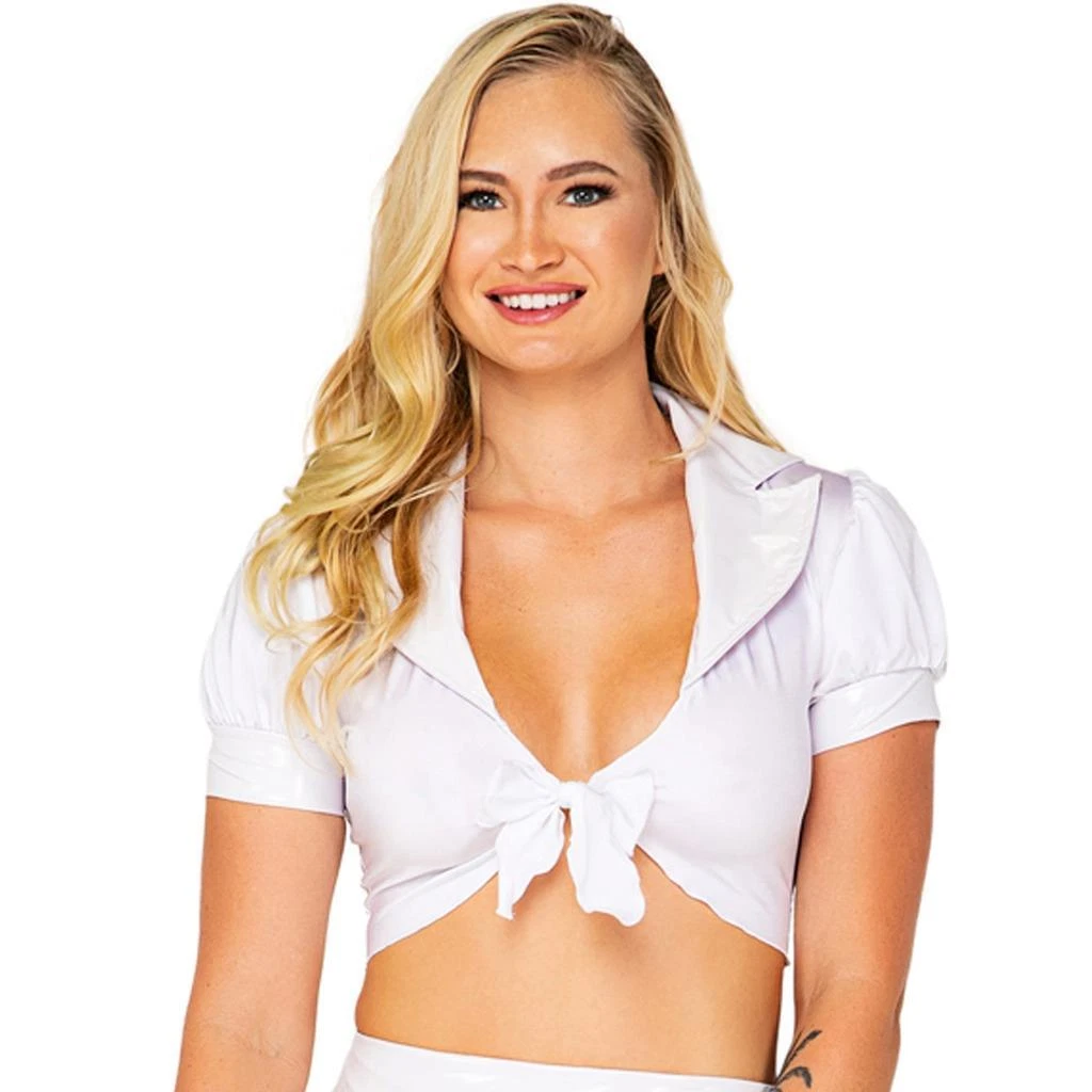 White tie front crop top short sleeve 2025