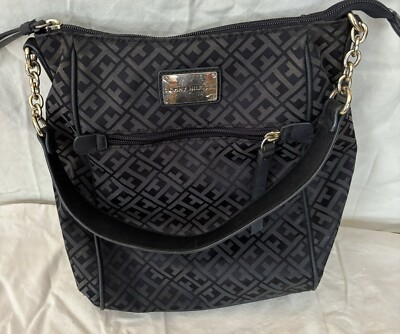 TOMMY HILFIGER BLACK ON BLACK MONOGRAM JACQUARD Hobo Shoulder Bag