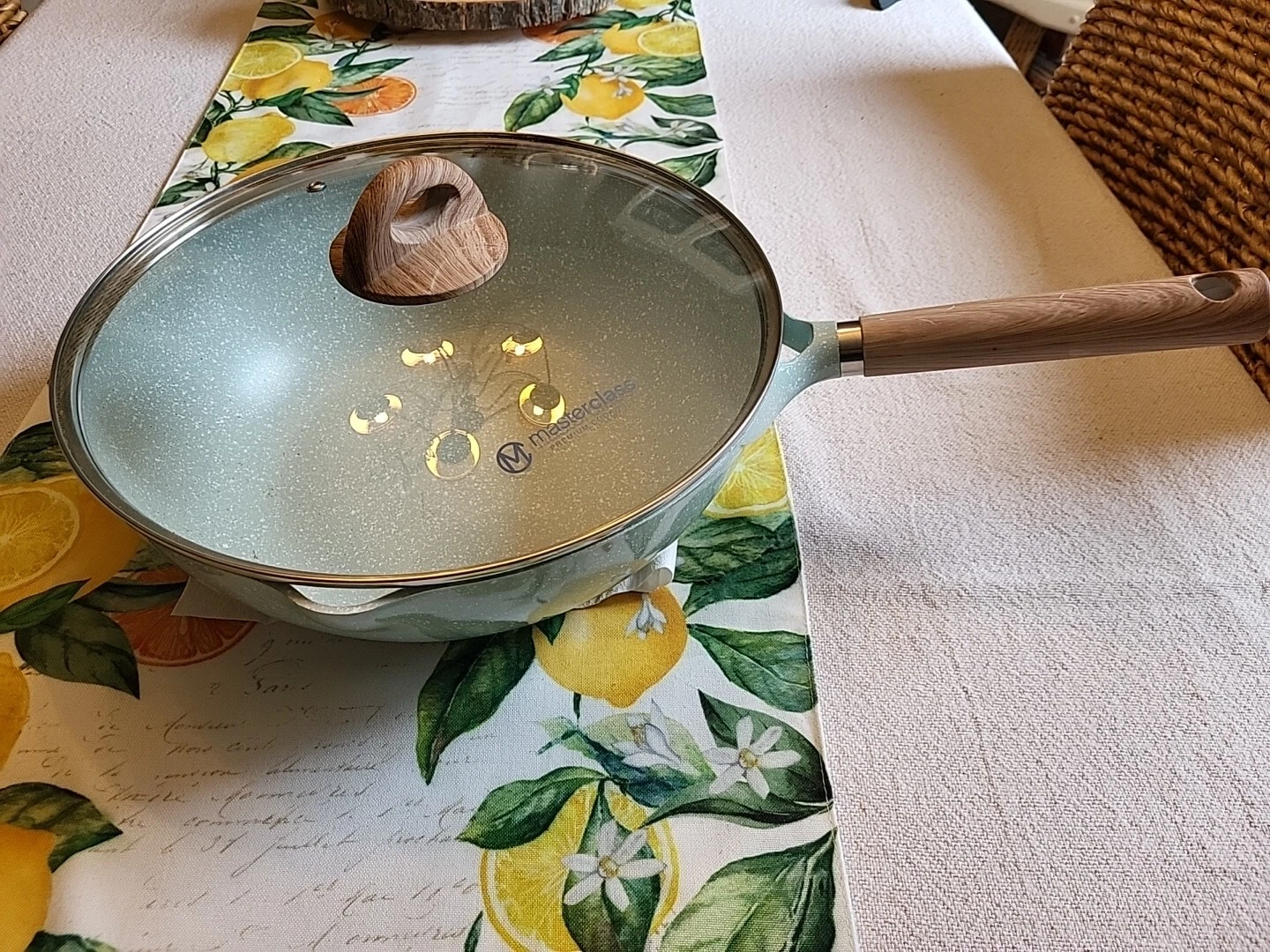 Masterclass Wok Nonstick 12 inch 5.6 Qt With Lid Premium Kitchen Cookware Beige