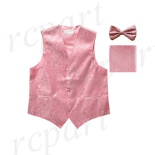 New wedding formal Men's paisley Tuxedo Vest Waistcoat Bowtie  Hankie Pink prom